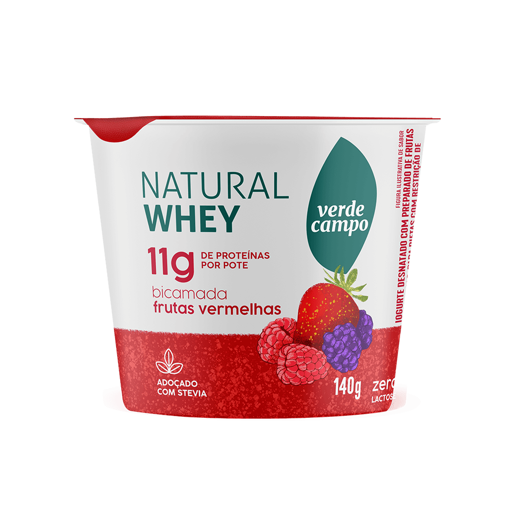 Iogurte Natural Whey Colherável Bicamada Frutas Vermelhas 11g de Proteína Verde Campo 